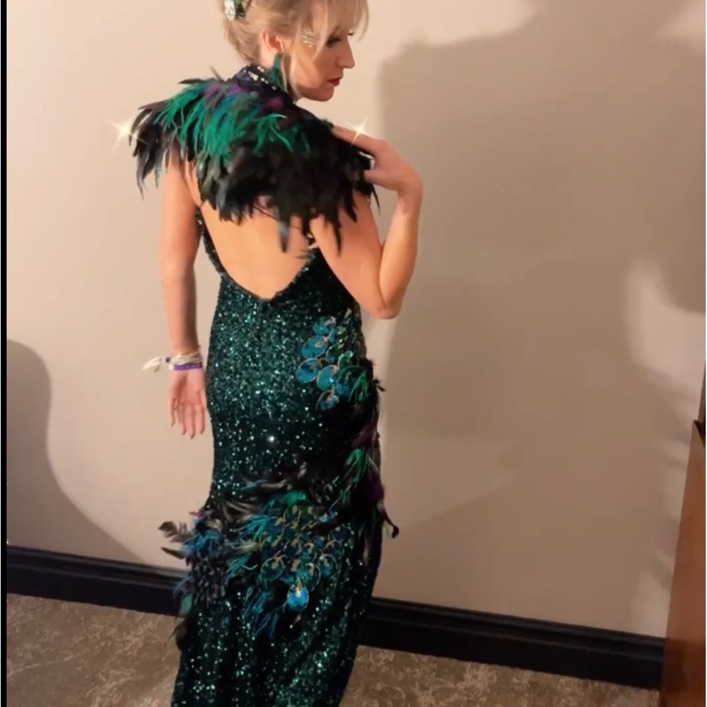 Green Sequin Gown with Feather Peacock Custom Details